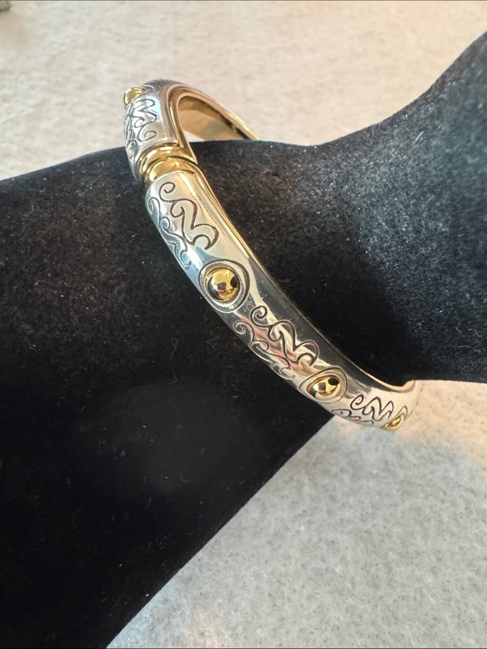 Brighton Two-Tone Silver and Gold Decorative Hinged Bangle Bracelet